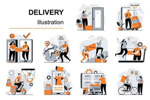 Delivery service concept with people scenes set in flat design. Women and men receive parcels, courier carries box, delivers orders to addresses. illustration visual stories collection for web vector