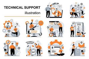 Technical support concept with people scenes set in flat design. Women and men consult clients and solve tech problems. Online customer service. illustration visual stories collection for web vector