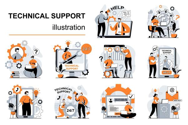 Technical support concept with people scenes set in flat design. Women and men consult clients and solve tech problems. Online customer service. illustration visual stories collection for web