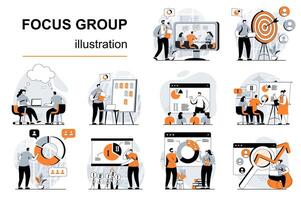 atención grupo concepto con personas escenas conjunto en plano diseño. mujer y hombres hacer márketing investigación, estudiar cliente comportamiento y desarrollar estrategia. ilustración visual cuentos colección para web vector