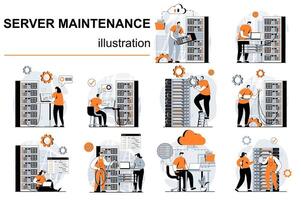 Server maintenance concept with people scenes set in flat design. Women and men working in server room, tech support optimize data center work. illustration visual stories collection for web vector