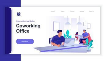 Coworking office concept 3d isometric web banner with people scene. Employees working on laptops at desktops in open office together. illustration for landing page and web template design vector