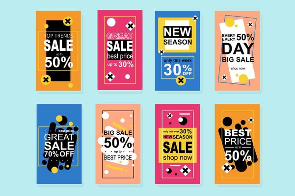 Big Sale template for instagram stories. Mockups design with bright promo banners. Online shopping, best offer, season sales and discounts prices. Collection layouts for insta story at social network