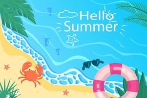 Hello summer background in flat cartoon design. Wallpaper with sandy summertime beach with sea waves, palm leaves, rubber ring, sunglasses and other. illustration for poster or banner template vector