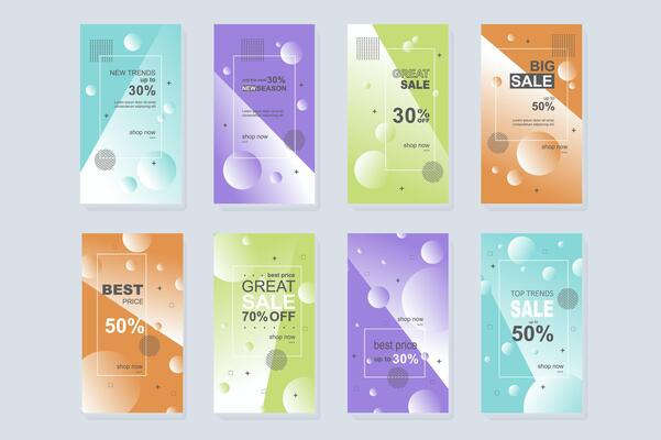 Big Sale template for instagram stories. Mockups vertical design with abstract promo banners. Online shopping at blogs with special discounts. Collection layouts for insta story at social network