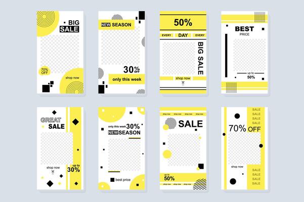 Big Sale template for instagram stories. Mockups design with vertical banners for promotional blog advertising, online shopping with best prices. Collection layouts for insta story at social network