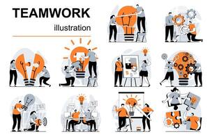 Teamwork concept with people scenes set in flat design. Women and men collaborating and working together, brainstorming and develop business. illustration visual stories collection for web vector