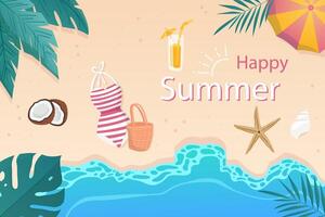 Happy summer background in flat cartoon design. Wallpaper with sandy summertime beach with sea, palm leaves, coconut, cocktail, umbrella, swimsuit. illustration for poster or banner template vector