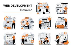 web desarrollo concepto con personas escenas conjunto en plano diseño. mujer y hombres crear estructura metálica de sitio, programación, codificación, haciendo usuario interfaz. ilustración visual cuentos colección para web vector