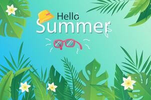 Hello summer background in flat cartoon design. Wallpaper with summertime border of flowers, green palm leaves, jungle foliage, sunglasses and panama. illustration for poster or banner template vector