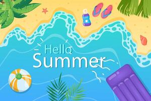 Hello summer background in flat cartoon design. Wallpaper with sandy summertime beach with sea waves, palm leaves, sunscreen, slippers, air mattress. illustration for poster or banner template vector