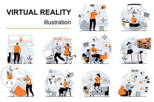 Virtual reality concept with people scenes set in flat design. Women and men in VR glasses studying, working and gaming in augmented simulation. illustration visual stories collection for web vector