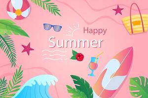 Happy summer background in flat cartoon design. Wallpaper with summertime composition, sea wave, palm leaves, sunglasses, ball, cocktail, surfboard. illustration for poster or banner template vector