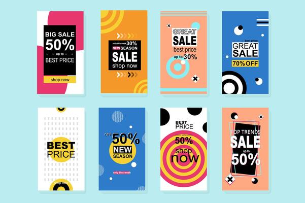 Big Sale template for instagram stories. Mockups design with geometric promo banners for making online purchases, best offer and discounts prices. Collection layouts for insta story at social network