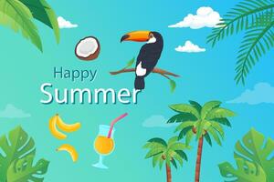 Happy summer background in flat cartoon design. Wallpaper with summertime composition, green palm leaves, jungle foliage, coconut, banana and toucan. illustration for poster or banner template vector