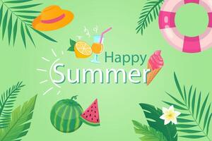 Happy summer background in flat cartoon design. Wallpaper with summertime composition, palm leaves, hat, cocktail, fruits, rubber ring, ice cream. illustration for poster or banner template vector