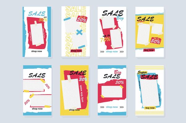 Big Sale template for instagram stories. Mockups design with bright promo banners with empty copy space. Online shopping and discounts prices. Collection layouts for insta story at social network