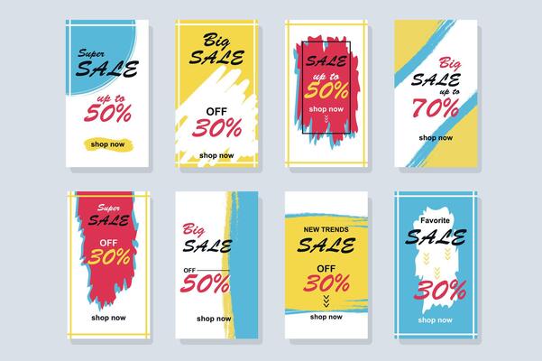 Big Sale template for instagram stories. Mockups design with abstract bright promo banners for making online purchases with discounts prices. Collection layouts for insta story at social network
