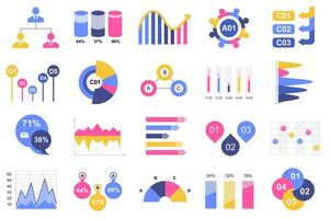 Set of infographic elements data visualization design template with different chart, diagram, flowchart, workflow, timeline. Infographics for business statistics, planning and analytics. vector