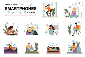 personas utilizando teléfonos inteligentes concepto con personas escena colocar. hombres y mujer leer Noticias en móvil aplicaciones, reloj social redes, tomar autofotos, comunicar en línea. ilustración en plano diseño para web vector