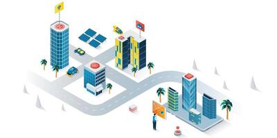 Smart city concept 3d isometric web banner. People use wireless monitoring, security system, smart navigation, eco friendly infrastructure. illustration for landing page and web template design vector