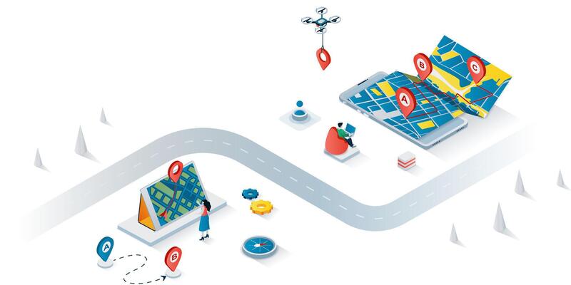 GPS navigation concept 3d isometric web banner. People use online maps and apps with geolocation, online tracking technology for travel. illustration for landing page and web template design