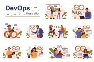 DevOps concept with people scene set. Men and women develop programs and software, deployment and testing, management, communication, automation, teamwork. illustration in flat design for web vector