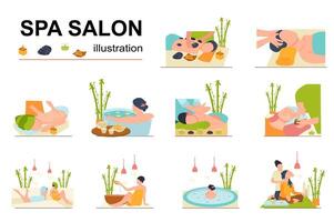 Spa salon concept with people scene set. Women relax and get back or head massage, take bath with flowers, get beauty treatments and skincare, aromatherapy. illustration in flat design for web vector