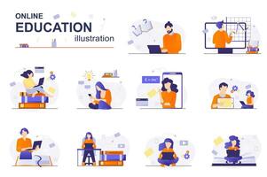 en línea educación concepto con personas escena colocar. estudiantes estudiar de forma remota, leer libros, preparar para exámenes utilizando libros de texto, reloj seminarios web y conferencias ilustración en plano diseño para web vector