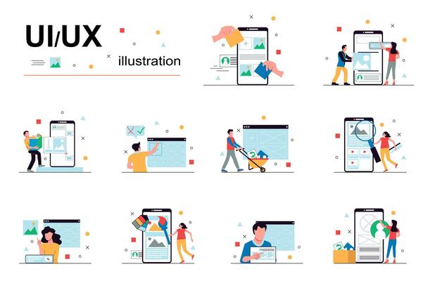 UI UX design and programming concept with people scene set. Men and women create application interfaces, test and optimize programs, places graphic content. illustration in flat design for web