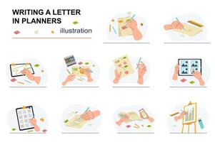 Hands writing letter in planners concept with people scene set. Human hands holding pens, taking notes and goals in to do list, drawing, highlighter tasks. illustration in flat design for web vector