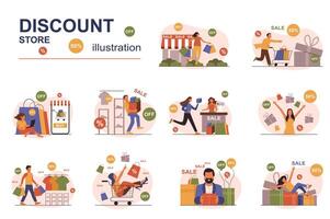 Discount store concept with people scene set. Men and women shopping at bargain prices during sale season in stores and boutiques, smart online shopping. illustration in flat design for web vector