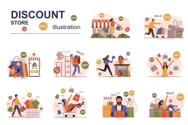 Discount store concept with people scene set. Men and women shopping at bargain prices during sale season in stores and boutiques, smart online shopping. illustration in flat design for web