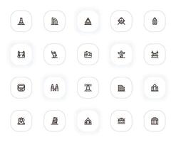 puntos de referencia y lugares línea íconos colocar. París, Dubái, America, Brasil, Japón, Corea, Italia, Egipto. contorno pictogramas para web y ui, ux móvil aplicación diseño. editable ataque. 24x24 píxel Perfecto. vector