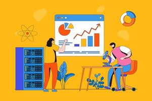 datos Ciencias web concepto en plano 2d diseño. hombre y mujer trabajando con bases de datos y analizando en panel. tecnología apoyo equipo mantener de servidor bastidores habitación trabajar. ilustración con personas escena vector