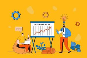 Business making web concept in flat 2d design. Men brainstorming, generate ideas, create success plan and promotion strategy, launch startup and investing money. illustration with people scene vector