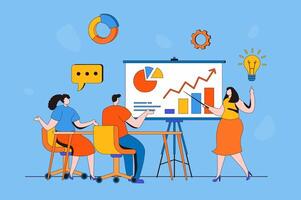 Business meeting web concept in flat 2d design. Team of employees sits and discusses presentation, analyzes statistics in report, brainstorming and collaboration. illustration with people scene vector