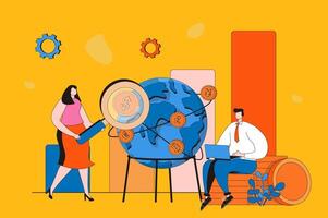 Global economic web concept in flat 2d design. Men and women researching market trends, making economic analysis, developing international business and investing. illustration with people scene vector