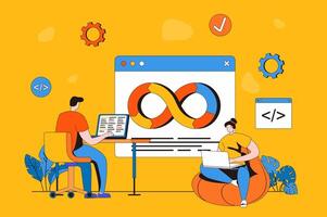 DevOps web concept in flat 2d design. Man and woman developers work together in team, administer development and collaboration processes on programming products. illustration with people scene vector