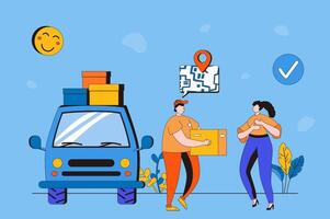 Delivery service web concept in flat 2d design. Courier carries box with parcel to client, delivers orders by truck to addresses. Woman is tracking location. illustration with people scene vector