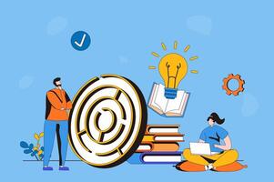 Finding solution web concept in flat 2d design. Man thinks and looks for way out of labyrinth. Woman generates ideas. Brainstorming and creativity for business. illustration with people scene vector