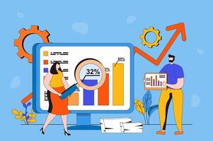 Data analysis web concept in flat 2d design. Man and woman doing marketing research or financial report, working with databases and charts, working on dashboard. illustration with people scene vector