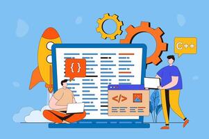 Software development web concept in flat 2d design. Men create and program in different programming languages, test and optimize code, work in IT industry. illustration with people scene vector