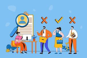 Employee hiring process web concept in flat 2d design. Candidates for open vacancy are interviewed by manager. Human resources and staff recruitment in company. illustration with people scene vector