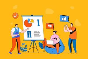 Focus group web concept in flat 2d design. Men and women do marketing research, analyze customer data, study customer behavior and develop promotion strategy. illustration with people scene vector