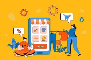 Mobile commerce web concept in flat 2d design. Women choose clothes and other goods in mobile application. Buyers make profitable purchases and pay online. illustration with people scene vector