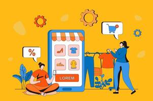 móvil comercio web concepto en plano 2d diseño. mujer escoger ropa y otro bienes en móvil solicitud. los compradores hacer rentable compras y pagar en línea. ilustración con personas escena vector