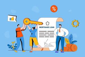 Real estate web concept in flat 2d design. Family receives mortgage loan and buys new house, signing contract with realtor and receiving keys to home property. illustration with people scene vector