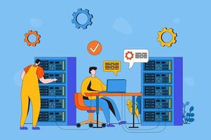 Server maintenance web concept in flat 2d design. Engineers team work in server room, optimize and monitor operation of data center, making technician support. illustration with people scene vector