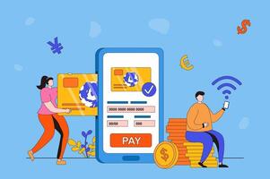 pago electrónico proceso web concepto en plano 2d diseño. hombre y mujer pagar para compras y servicios con crédito tarjeta utilizando teléfono inteligente solicitud. en línea Tienda pago. ilustración con personas escena vector